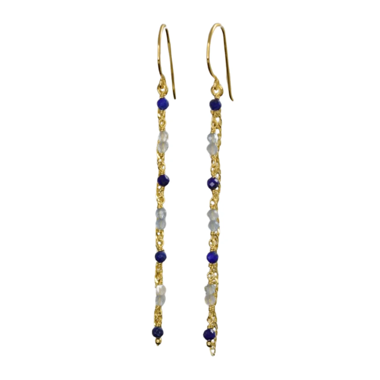 Zefina Tracy Dark Blue 14k forgyldte lange øreringe med snoet kæde og blå ægte sten, 6,5 cm