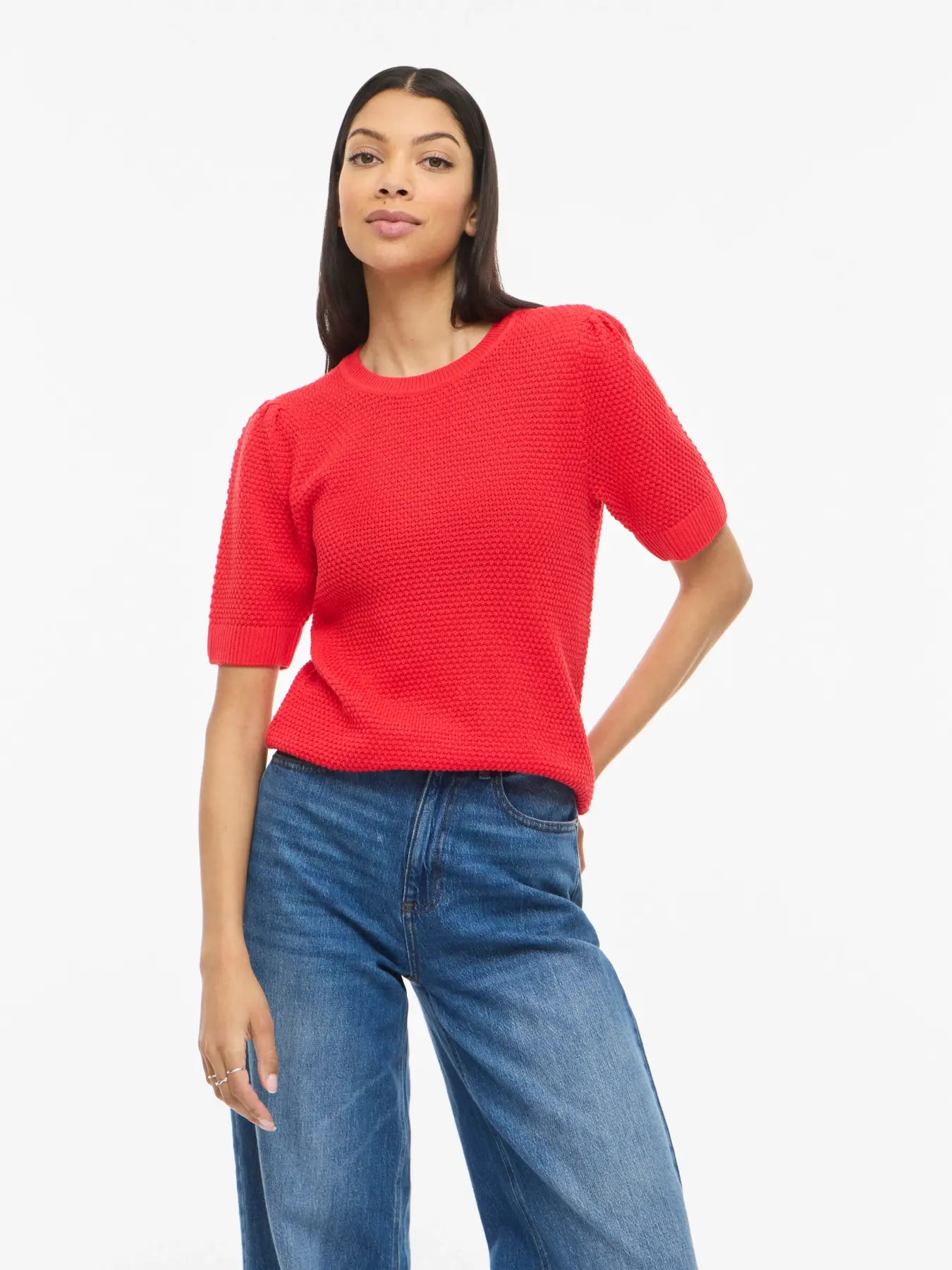 VILA strik top hibiscus med rund hals og korte ærmer dame