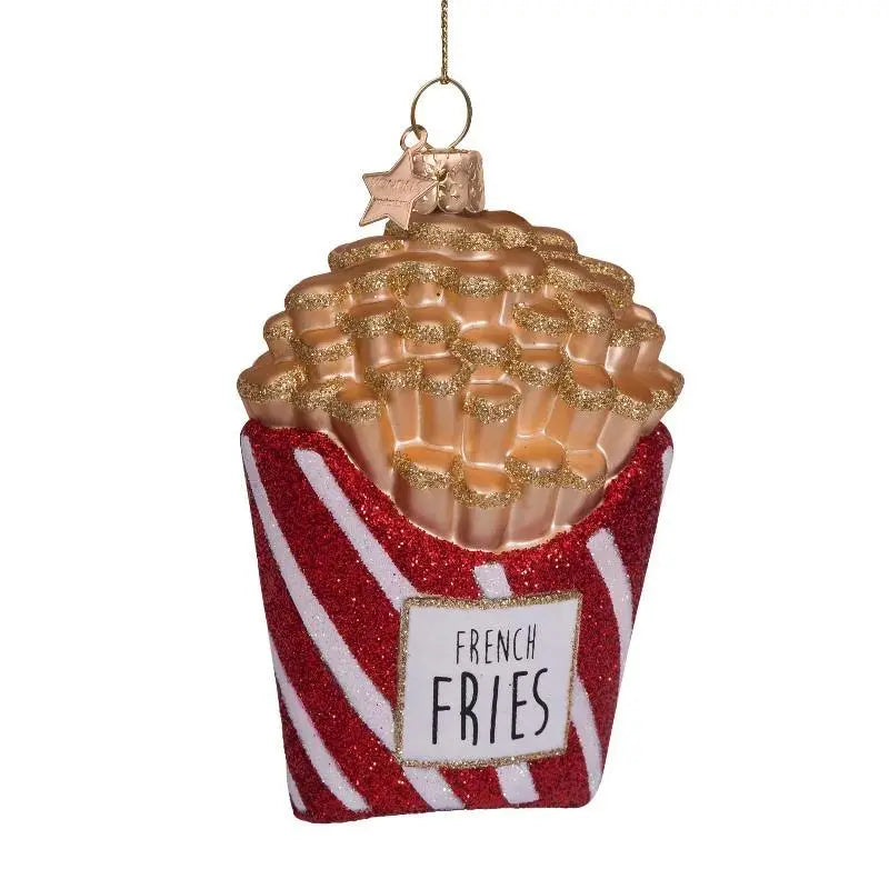 Vondels glas juleornament formet som pomfritter i rød, hvid og guld glitter – håndmalet, mundblæst og fremstillet af genanvendt glas.