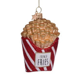 Vondels glas juleornament formet som pomfritter i rød, hvid og guld glitter – håndmalet, mundblæst og fremstillet af genanvendt glas.