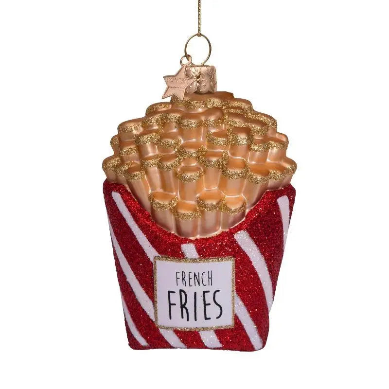 Vondels glas juleornament formet som pomfritter i rød, hvid og guld glitter – håndmalet, mundblæst og fremstillet af genanvendt glas.