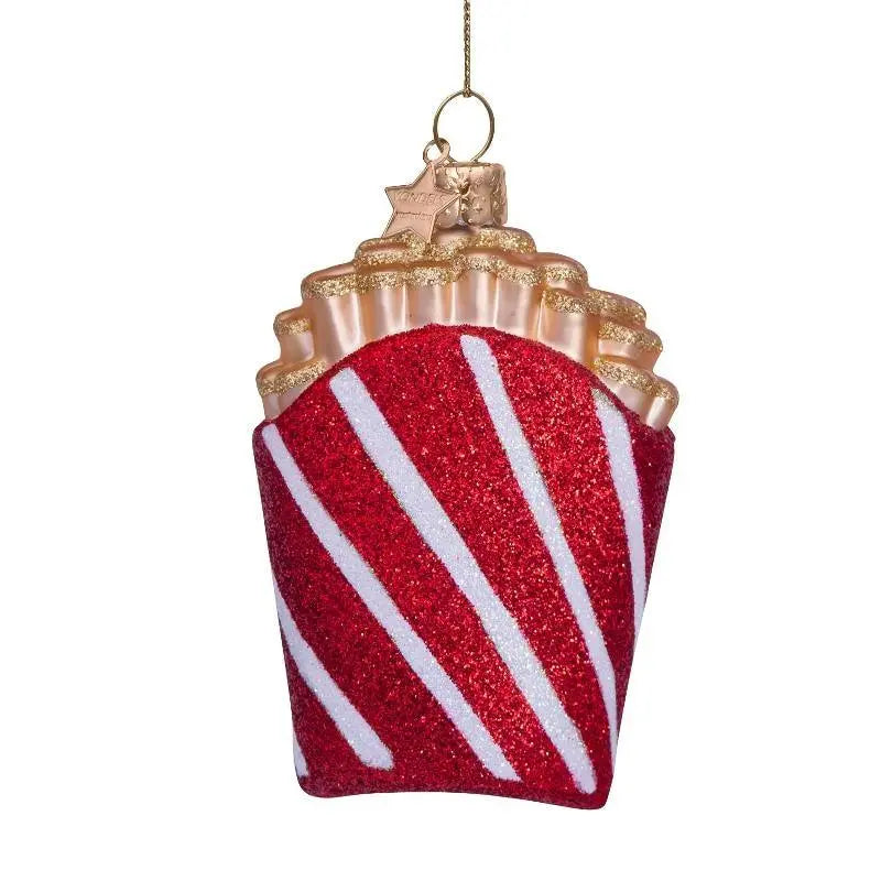 Vondels glas juleornament formet som pomfritter i rød, hvid og guld glitter – håndmalet, mundblæst og fremstillet af genanvendt glas.