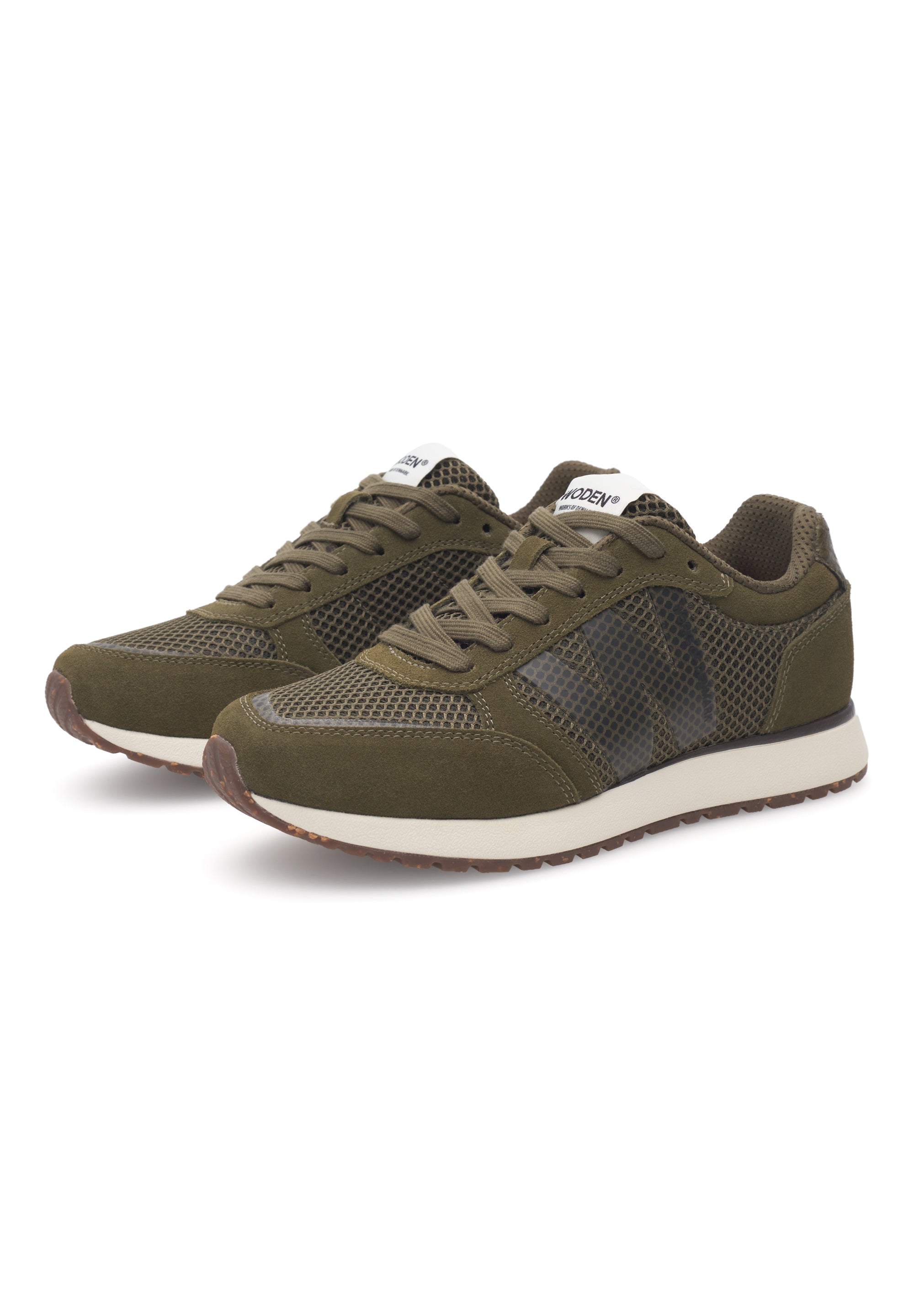 WODEN Ronja Icon WL712 i Dark Olive – sporty sneaker i ruskind og genanvendt mesh med W-logo