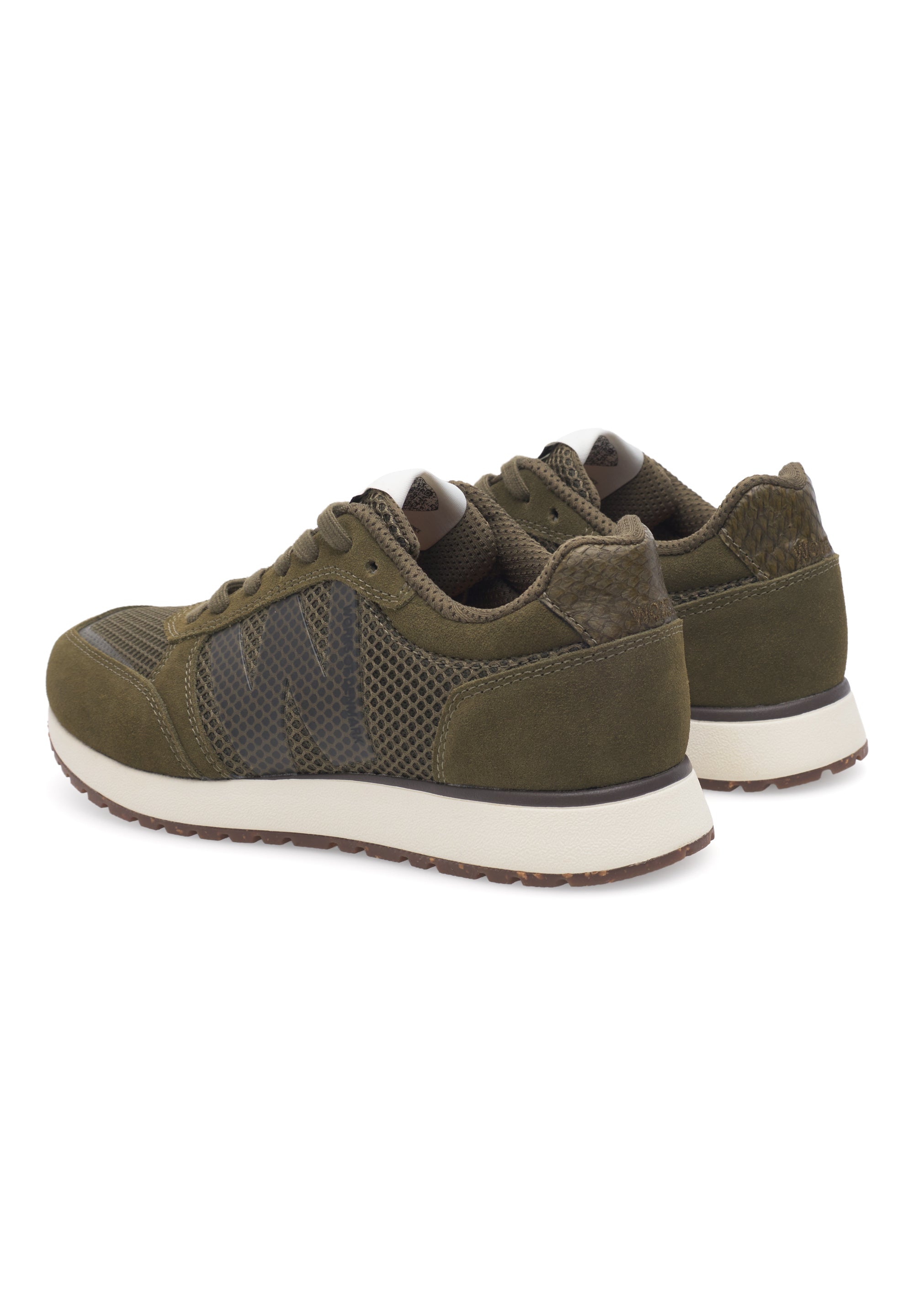 WODEN Ronja Icon WL712 i Dark Olive – sporty sneaker i ruskind og genanvendt mesh med W-logo