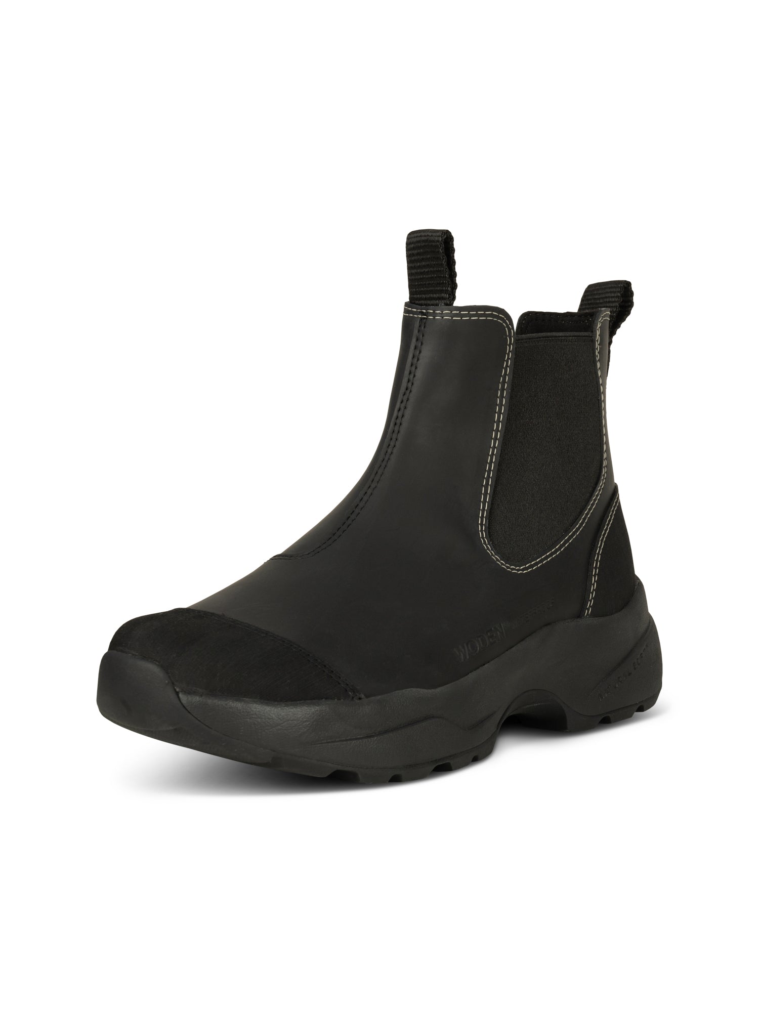 WODEN Siri Waterproof WL957 i Black/Black – vandtæt gummistøvle med tracksål og Natural Soft