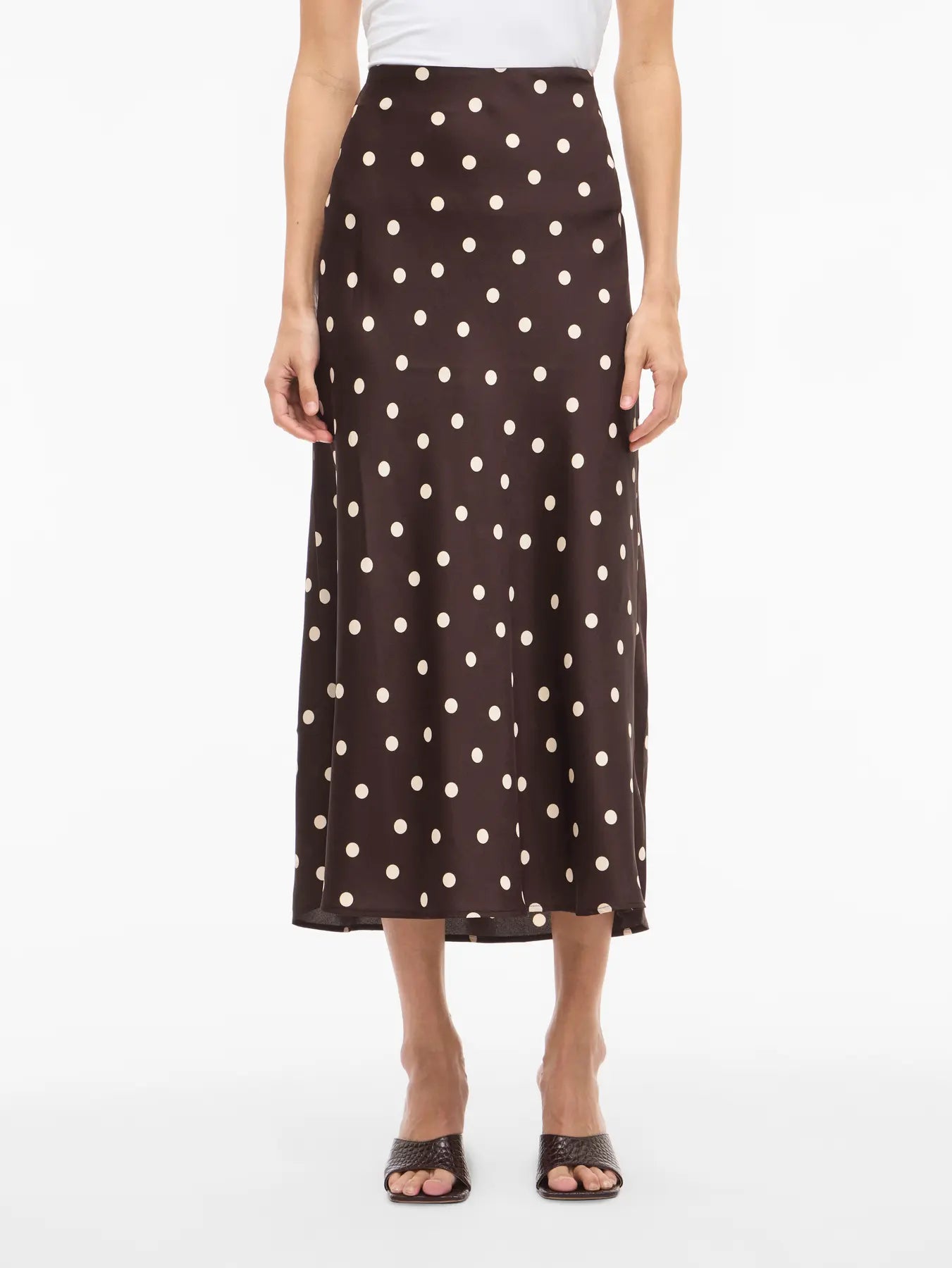 VILA VIELLETTE HW midi skirt i coffee bean sandshell dots – satin nederdel