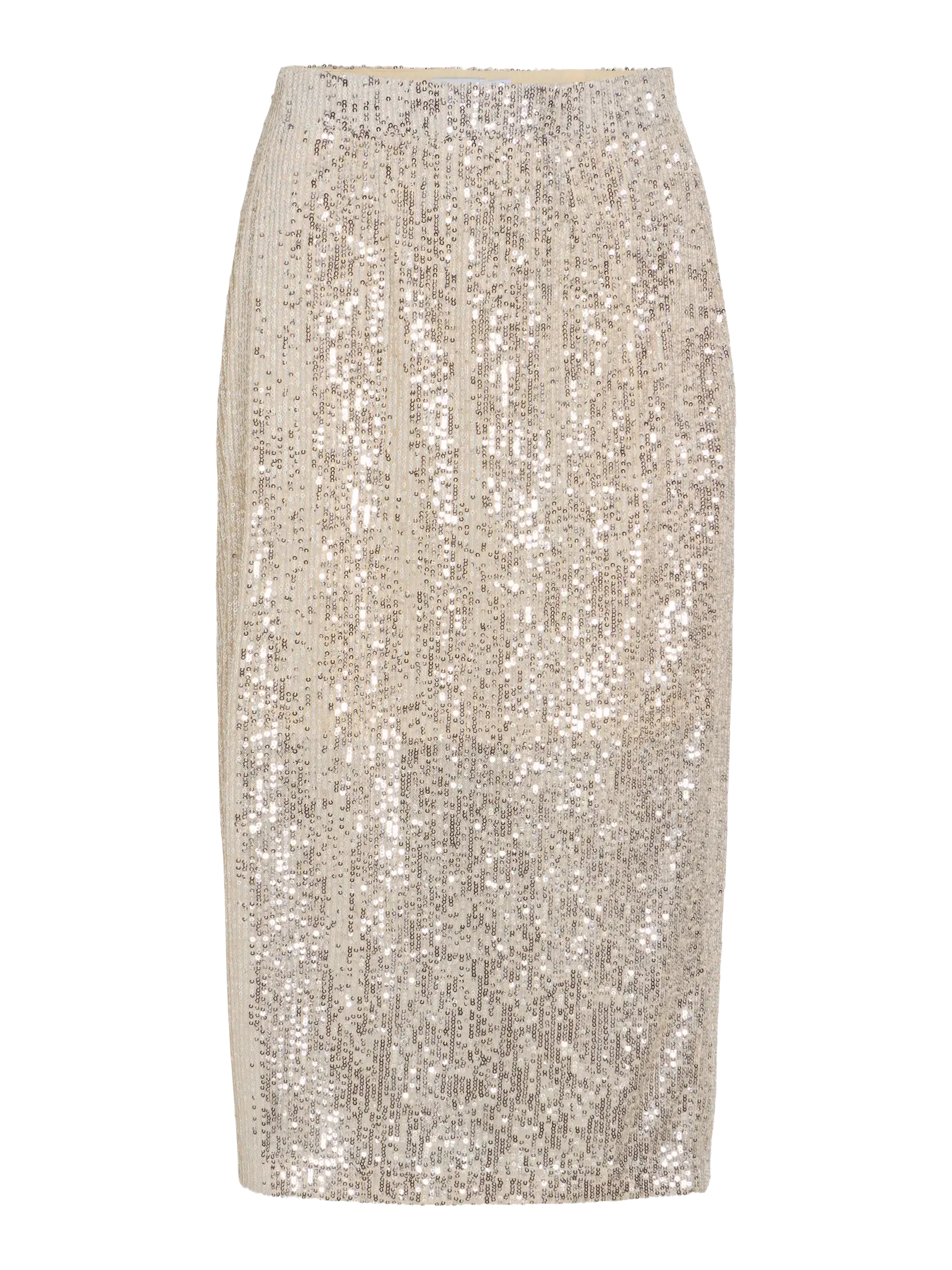 VILA VIHIRID HW Sequins Skirt 14112238 – Birch Silver (høj talje, knælængde, palietter)