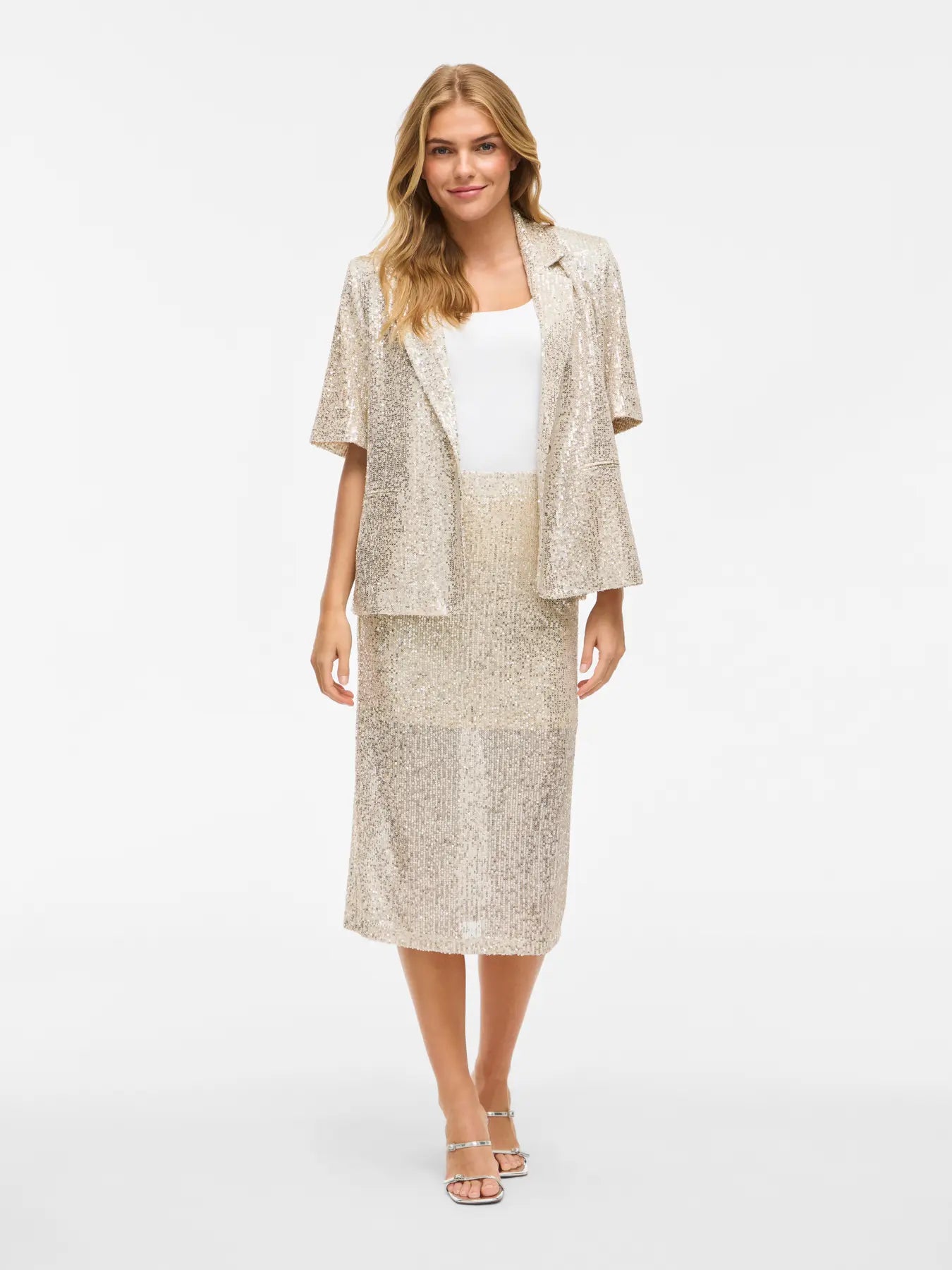 VILA VIHIRID HW Sequins Skirt 14112238 – Birch Silver (høj talje, knælængde, palietter)