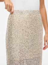 VILA VIHIRID HW Sequins Skirt 14112238 – Birch Silver (høj talje, knælængde, palietter)