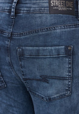 Detalje: dark indigo random wash, lynlås og to knapper – York HW 376542
