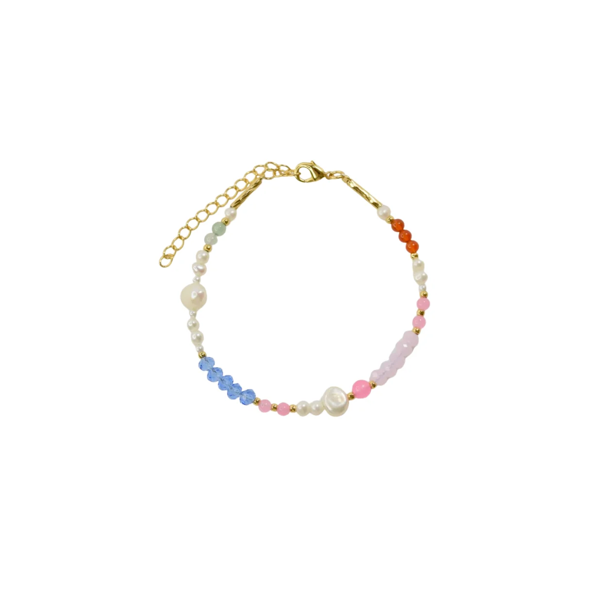 Zefina Ahri 14k forgyldt armbånd med ægte sten (lysegrøn, lyseblå, lyserød, rød) og hvide ferskvandsperler, 16,5 + 5 cm