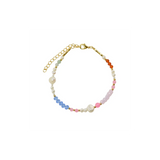 Zefina Ahri 14k forgyldt armbånd med ægte sten (lysegrøn, lyseblå, lyserød, rød) og hvide ferskvandsperler, 16,5 + 5 cm