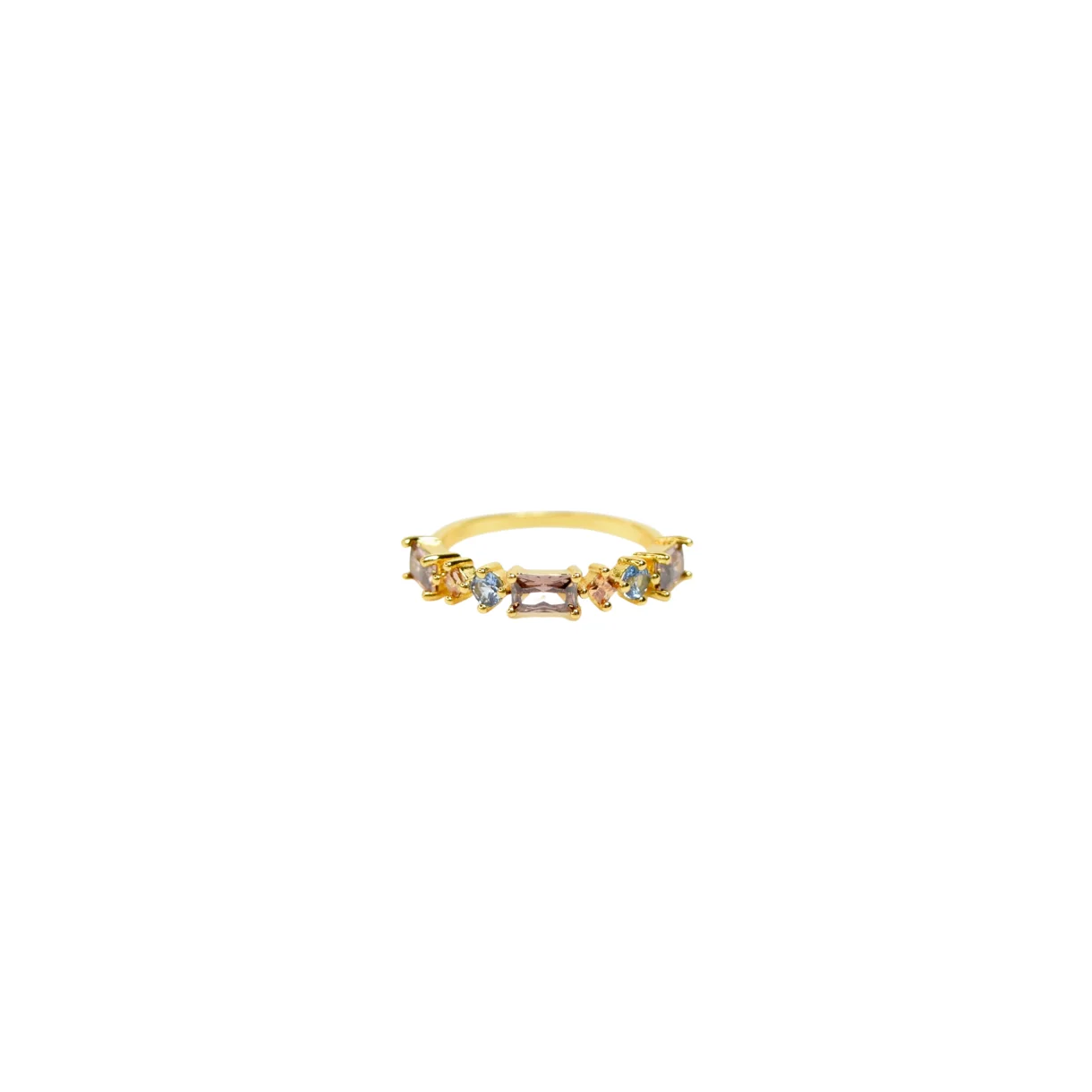 Zefina Diana Baguette ring – forgyldt 14K med brune, lyseblå og champagne CZ-sten