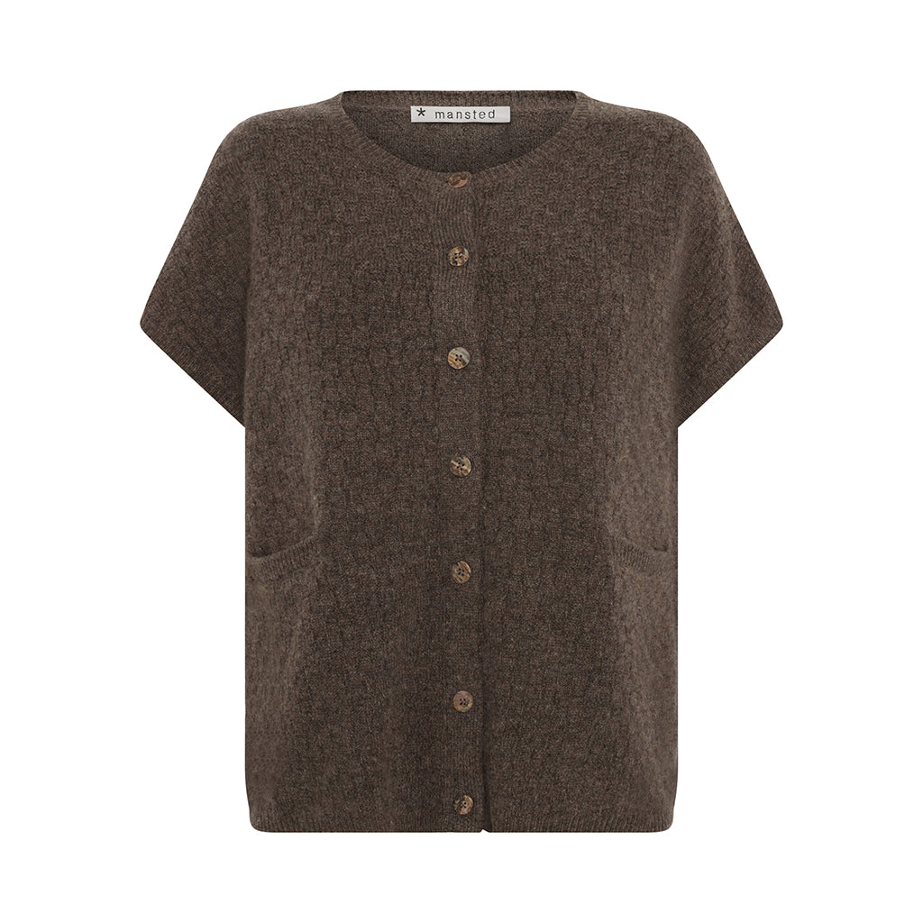 Mansted KOMMA strikvest i Brown – front, 100% lammeuld
