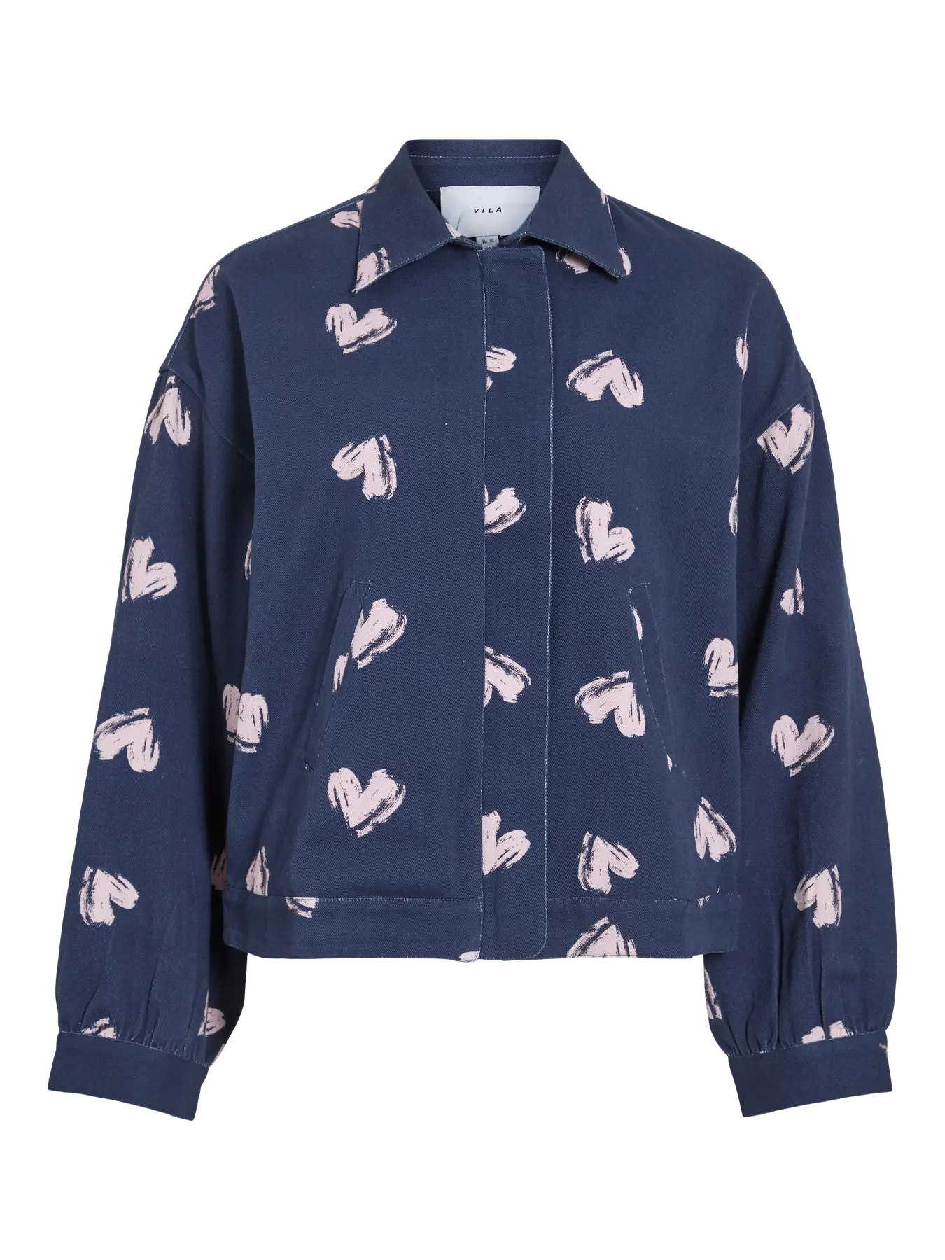 VILA VISEBA Heart Bomber Jacket i Navy med lyserøde hjerter – front