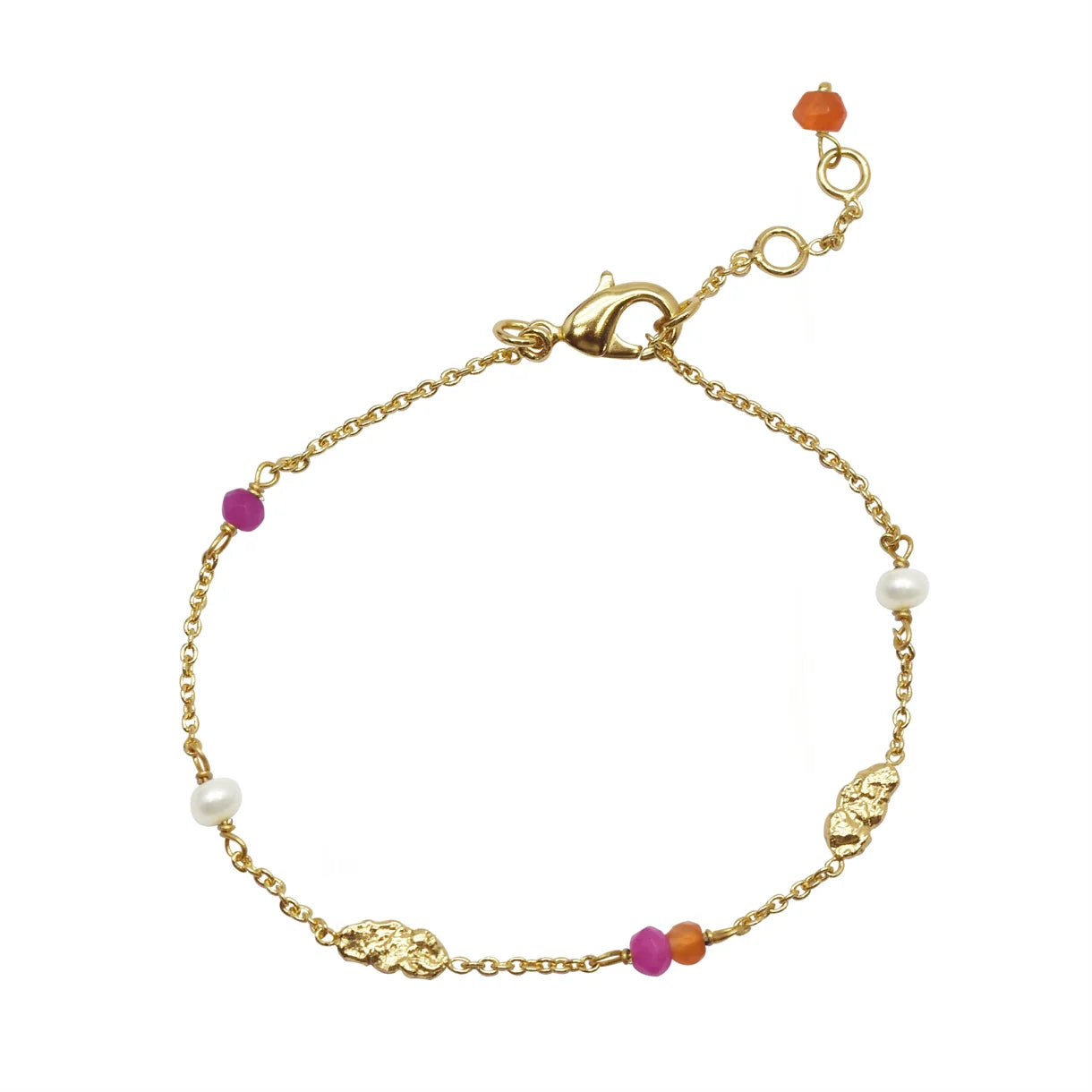 Zefina Amazone Pink 14k forgyldt armbånd med ægte sten og perler, justerbar længde