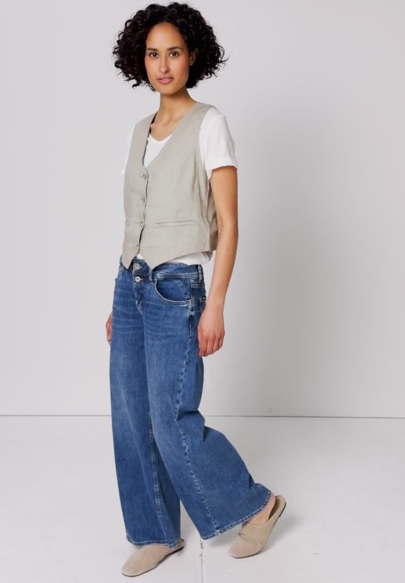 Beige sommer vest i hør med V-hals