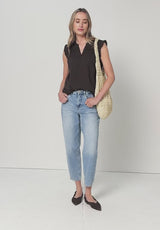 Espresso brown bomuldsbluse med blonde detaljer dame