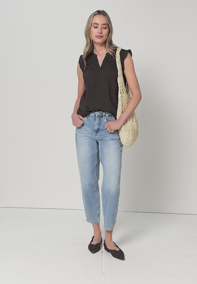 Espresso brown bomuldsbluse med blonde detaljer dame