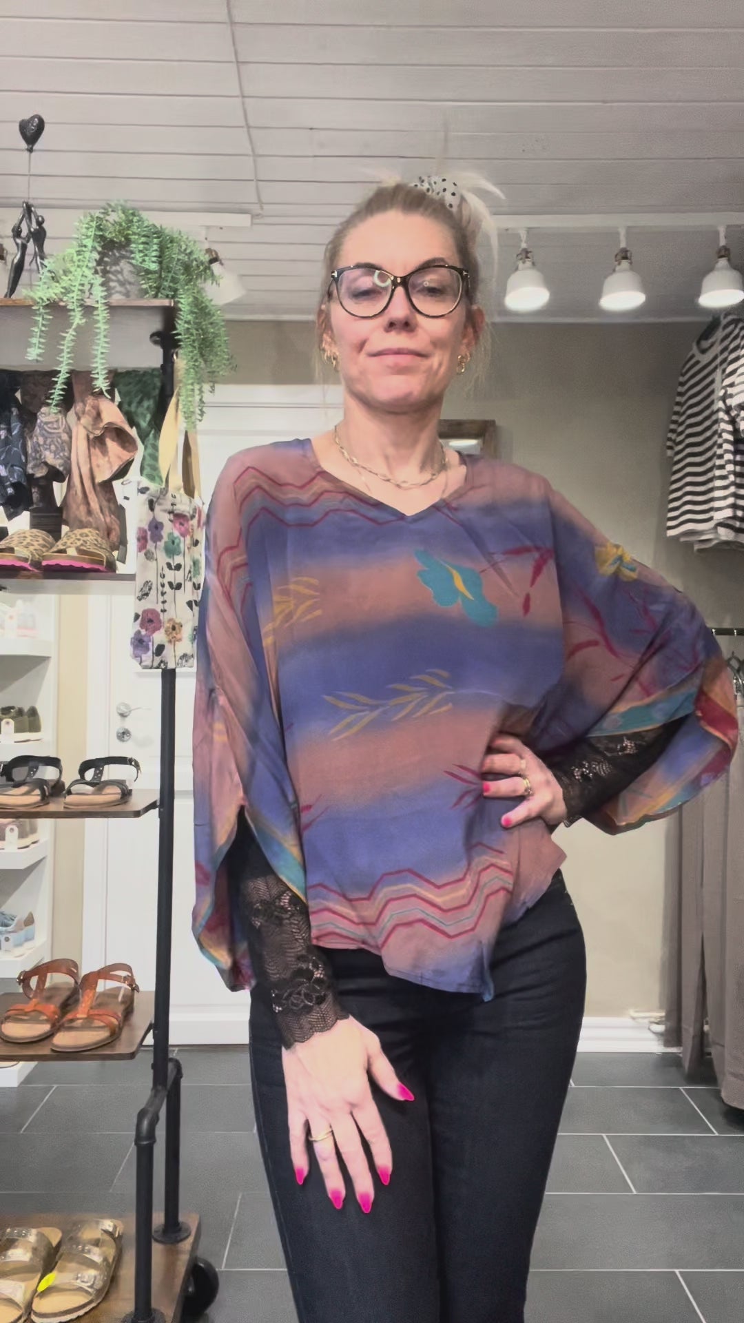Cofur Denmark Poncho Blouse brun og blå i genanvendt indisk sarisilke