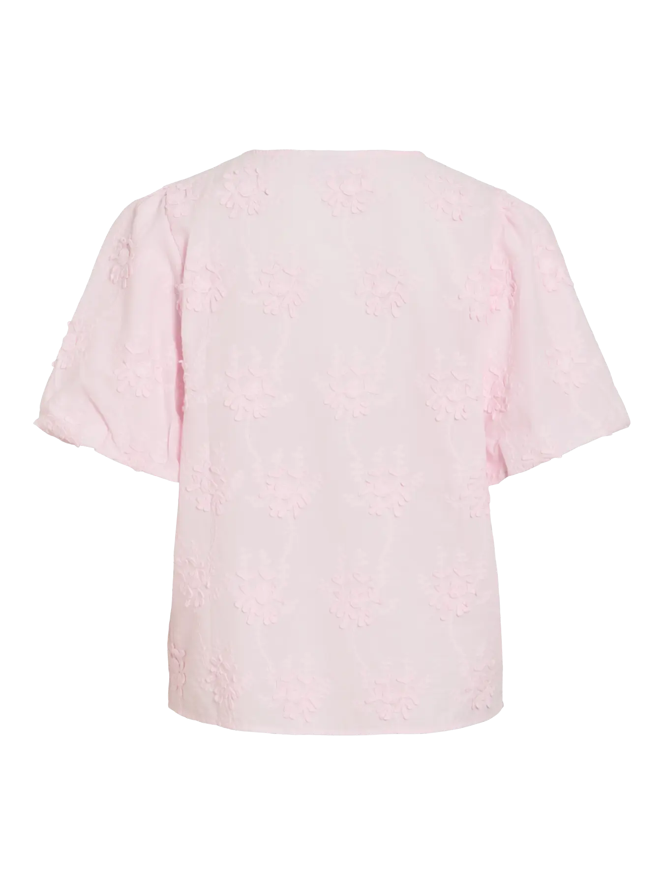Rosa bluse med ballonærmer og feminine detaljer
