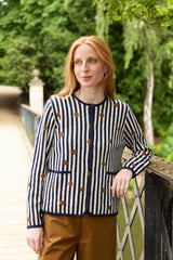 Mansted Noor cardigan navy med jacquard striber og prikker