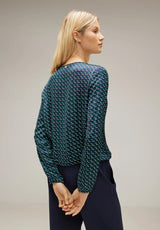 Street One printed satin blouse 344194 – Gentle Green, rund hals med keyhole og lange ærmer