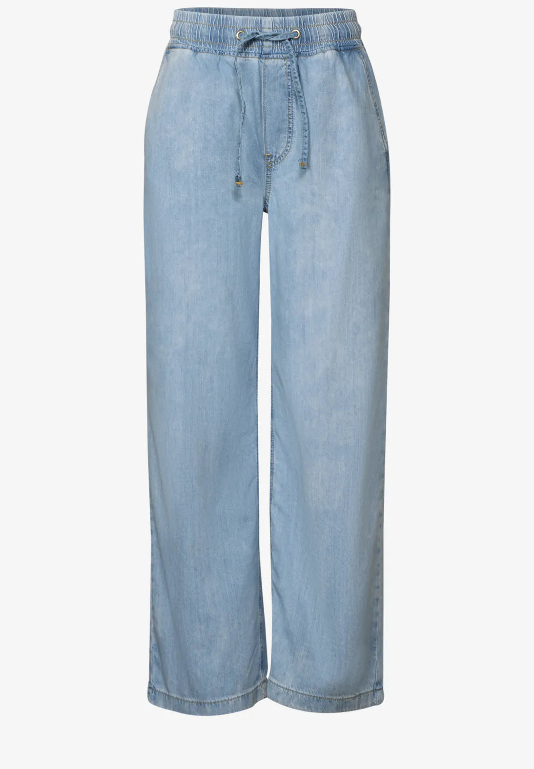 Street One Wide Leg Pants 378564 i lyseblå – høj talje, vide ben, elastisk linning med snøre og sidelommer – bomuld og lyocell