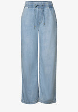 Street One Wide Leg Pants 378564 i lyseblå – høj talje, vide ben, elastisk linning med snøre og sidelommer – bomuld og lyocell