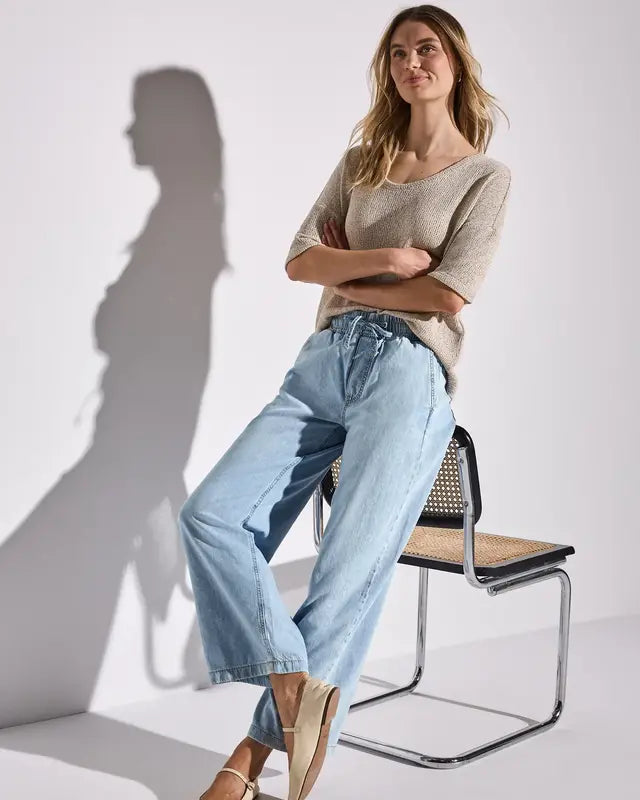 Street One Wide Leg Pants 378564 i lyseblå – høj talje, vide ben, elastisk linning med snøre og sidelommer – bomuld og lyocell