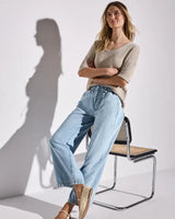 Street One Wide Leg Pants 378564 i lyseblå – høj talje, vide ben, elastisk linning med snøre og sidelommer – bomuld og lyocell