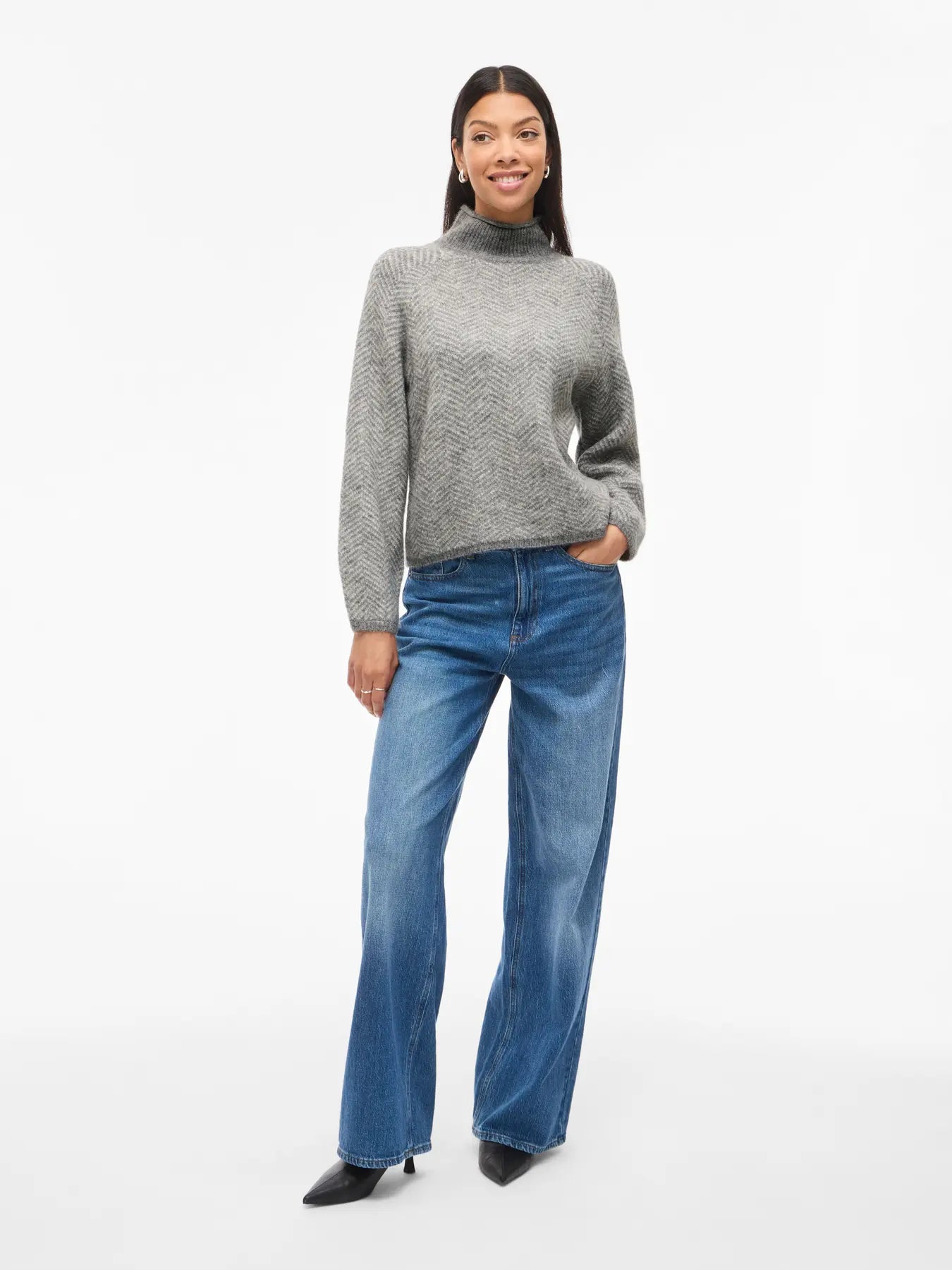 VILA Vilory high neck strik i grå melange set forfra